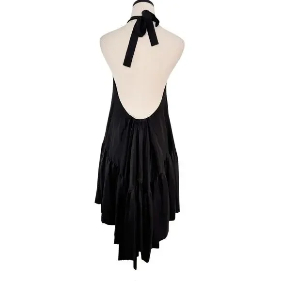 AZEEZA Winston Raw Silk Mini Dress Black High Low Halter Cocktail Party Size S
